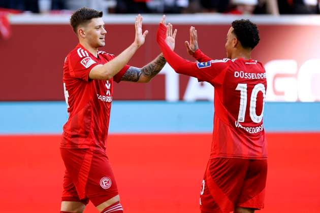 KOWNACKI Dawid Fortuna Duesseldorf jubelt nach seinem Tor zum 1 : 1 mit VAN BREDERODE DFL 2. Bundesliga Saison 2024 - 2025 Spiel Fortuna Duesseldorf - SSV Ulm 3 : 2 am 01.02.2025 in Duesseldorf DFL REGULATIONS PROHIBIT ANY USE OF PHOTOGRAPHS as IMAGE SEQUENCES and or QUASI-VIDEO