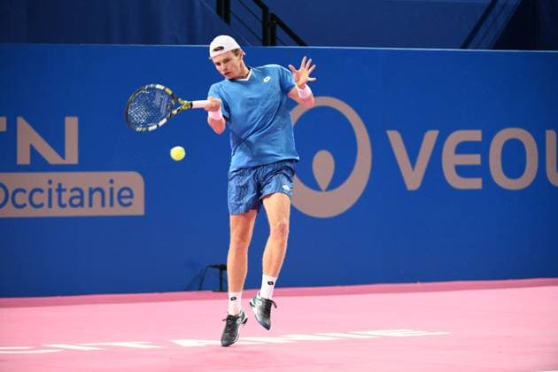 TENNIS : Open Sud de France ATP, Tennis Herren 250 - 01 02 2025 MONTPELLIER, FRANCE - 01 FEVRIER : Jesper DE JONG (NED) lors de la demi-finale du tournoi Open Sud de France ATP 250 contre 2 Felix AUGER-ALIASSIME (CAN) a Montpellier le 1er fÃ vrier 2025. France  Copyright: xValentinaxClaretx