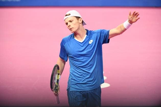 TENNIS : Open Sud de France ATP, Tennis Herren 250 - 01 02 2025 MONTPELLIER, FRANCE - 01 FEVRIER : Jesper DE JONG (NED) lors de la demi-finale du tournoi Open Sud de France ATP 250 contre 2 Felix AUGER-ALIASSIME (CAN) a Montpellier le 1er fÃ vrier 2025. France  Copyright: xValentinaxClaretx