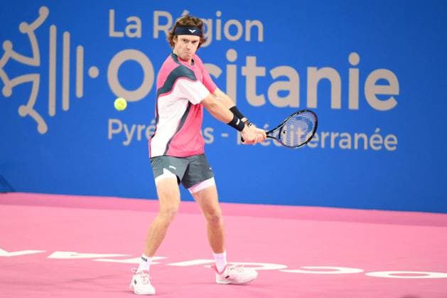 TENNIS : Open Sud de France ATP, Tennis Herren 250 - 01 02 2025 MONTPELLIER, FRANCE - 01 FEVRIER : 1 Andrey RUBLEV lors de la demi-finale du tournoi Open Sud de France ATP 250 contre Q Aleksandar KOVACEVIC (USA) a Montpellier le 1er fÃ vrier 2025. France  Copyright: xValentinaxClaretx