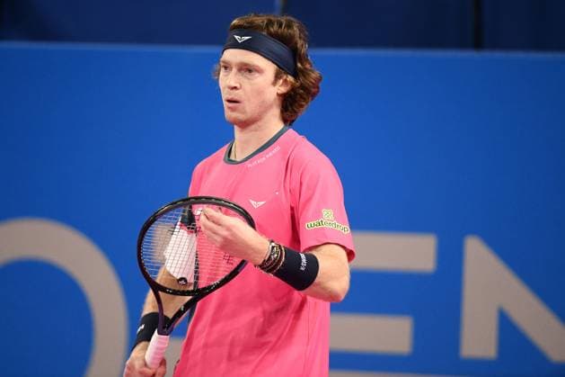 TENNIS : Open Sud de France ATP, Tennis Herren 250 - 01 02 2025 MONTPELLIER, FRANCE - 01 FEVRIER : 1 Andrey RUBLEV lors de la demi-finale du tournoi Open Sud de France ATP 250 contre Q Aleksandar KOVACEVIC (USA) a Montpellier le 1er fÃ vrier 2025. France  Copyright: xValentinaxClaretx