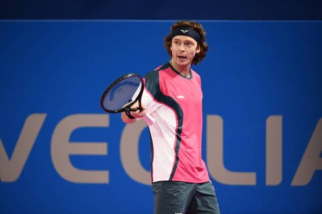 TENNIS : Open Sud de France ATP, Tennis Herren 250 - 01 02 2025 MONTPELLIER, FRANCE - 01 FEVRIER : Colere 1 Andrey RUBLEV lors de la demi-finale du tournoi Open Sud de France ATP 250 contre Q Aleksandar KOVACEVIC (USA) a Montpellier le 1er fÃ vrier 2025. France  Copyright: xValentinaxClaretx