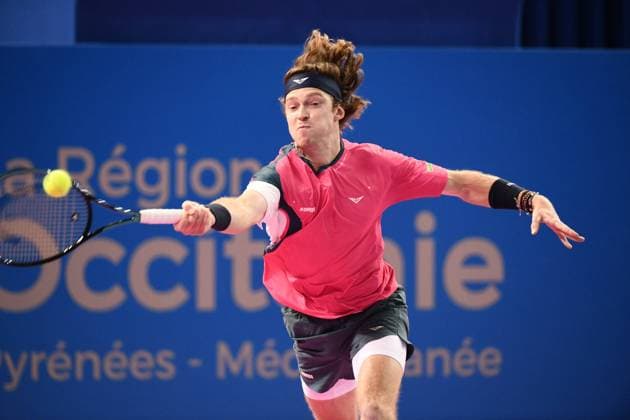 TENNIS : Open Sud de France ATP, Tennis Herren 250 - 01 02 2025 MONTPELLIER, FRANCE - 01 FEVRIER : 1 Andrey RUBLEV lors de la demi-finale du tournoi Open Sud de France ATP 250 contre Q Aleksandar KOVACEVIC (USA) a Montpellier le 1er fÃ vrier 2025. France  Copyright: xValentinaxClaretx