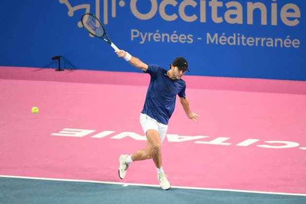 TENNIS : Open Sud de France ATP, Tennis Herren 250 - 01 02 2025 MONTPELLIER, FRANCE - 01 FEVRIER : Q Aleksandar KOVACEVIC (USA) lors de la demi-finale du tournoi Open Sud de France ATP 250 contre 1 Andrey RUBLEV a Montpellier le 1er fÃ vrier 2025. France  Copyright: xValentinaxClaretx