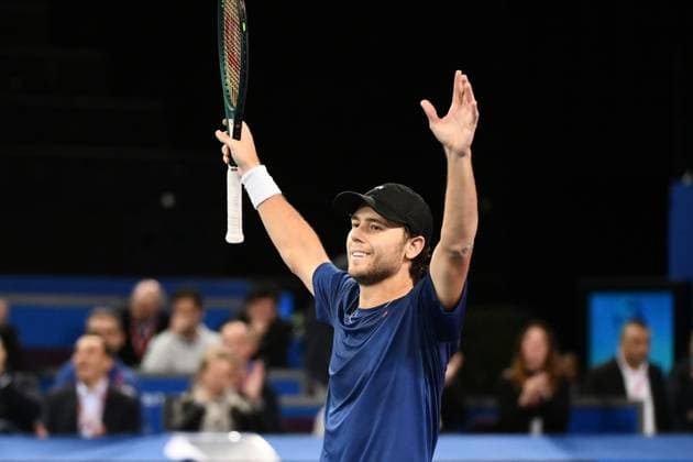 TENNIS : Open Sud de France ATP, Tennis Herren 250 - 01 02 2025 MONTPELLIER, FRANCE - 01 FEVRIER : Victoire Q Aleksandar KOVACEVIC (USA) lors de la demi-finale du tournoi Open Sud de France ATP 250 contre 1 Andrey RUBLEV a Montpellier le 1er fÃ vrier 2025. France  Copyright: xValentinaxClaretx