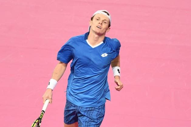TENNIS : Open Sud de France ATP, Tennis Herren 250 - 01 02 2025 MONTPELLIER, FRANCE - 01 FEVRIER : Jesper DE JONG (NED) lors de la demi-finale du tournoi Open Sud de France ATP 250 contre 2 Felix AUGER-ALIASSIME (CAN) a Montpellier le 1er fÃ vrier 2025. France  Copyright: xValentinaxClaretx