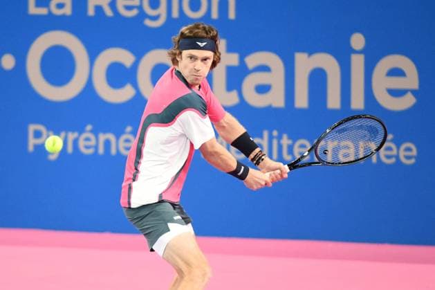 TENNIS : Open Sud de France ATP, Tennis Herren 250 - 01 02 2025 MONTPELLIER, FRANCE - 01 FEVRIER : 1 Andrey RUBLEV lors de la demi-finale du tournoi Open Sud de France ATP 250 contre Q Aleksandar KOVACEVIC (USA) a Montpellier le 1er fÃ vrier 2025. France  Copyright: xValentinaxClaretx
