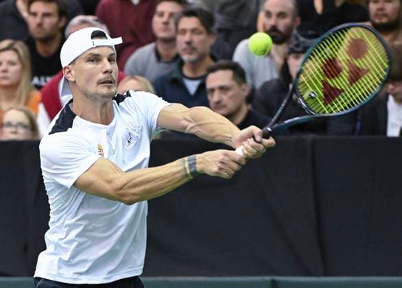 February 1, 2025, Montreal, Pq, Canada: Marton Fucsovics, of Hungary, plays a shot to Gabriel Diallo, of Canada, during their Davis Cup qualifying tennis match in Montreal on Saturday, February 1, 2025. Gabriel Diallo, Marton Fucsovics, - ZUMAc35_ 20250201_zaf_c35_110 Copyright: xGrahamxHughesx