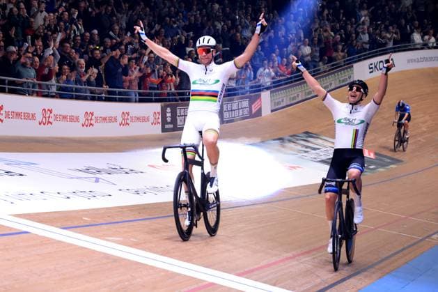 DEU, Sixdays-Weekend, 02.02.2025, Velodrom, Berlin, DEU, Sixdays-Weekend, im Bild Roger Kluge GER, Theo Reinhardt GER Foto: Juergen Engler nordphoto GmbH