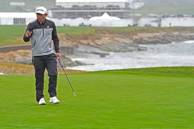 PEBBLE BEACH, CA - FEBRUARY 01: PGA, Golf Herren golfer Collin Morikawa reacts after making a birdie putt on the 18th hole during the third round of the AT&T Pebble Beach Pro AM on February 1, 2025, at Pebble Beach Golf Links in Pebble Beach, California. (Photo by Brian Spurlock Icon Sportswire) GOLF: FEB 01 PGA AT&T Pebble Beach Pro-Am EDITORIAL USE ONLY Icon25020131