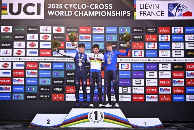 French Soren Bruyere, Italian Mattia Agostinacchio and Italian Filippo Grigolini celebrate on the podium after the junior men competition of the UCI cyclocross World Championship, WM, Weltmeisterschaft in Lievin, France, Sunday 02 February 2025. The world championships are taking place from 31 January until 02 February. JASPERxJACOBS  x111634042x