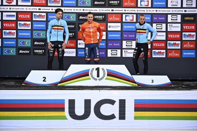 Belgian Wout van Aert, Dutch Mathieu Van Der Poel and Belgian Thibau Nys pictured on the podium after the elite men competition of the UCI cyclocross World Championship, WM, Weltmeisterschaft in Lievin, France, Sunday 02 February 2025. The world championships are taking place from 31 January until 02 February. JASPERxJACOBS  x111651018x