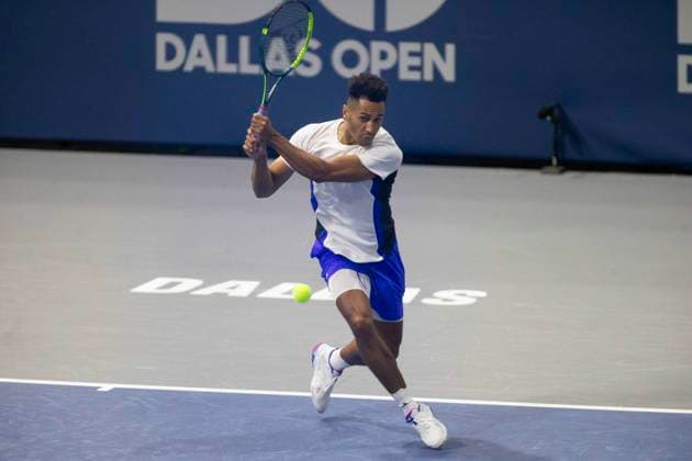 February 2, 2025, Frisco, Texas, USA: MICHAEL MMOH (USA) returns with a forehand during round 2 of the qualifiers at the Dallas Open at the Star in Frisco, TX. MICHAEL MMOH (USA) defeated GEORGI GEORGIEV (BUL), 13-9. Frisco USA - ZUMAh193 20250202_zsp_h193_015 Copyright: xDanielxMcGregor-Huyerx