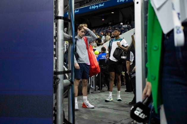 February 2, 2025, Frisco, Texas, USA: (L to r) JACK PENNINGTON JONES (GBR) and CHRISTIAN EUBANKS (USA) wait to be introduced during round 2 of the qualifiers at the Dallas Open at the Star in Frisco, TX. Frisco USA - ZUMAh193 20250202_zsp_h193_022 Copyright: xDanielxMcGregor-Huyerx