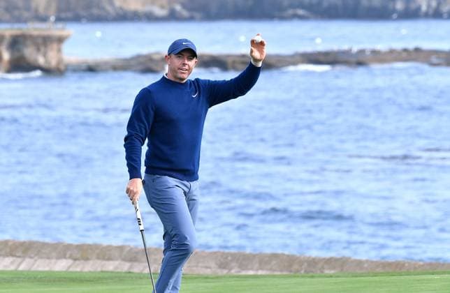 February 2, 2025, Pebble Beach, Ca, USA: Rory McIlroy is seen on the 18th hole fairway after the final round of the AT&T Pebble Beach Pro-Am 2025 at Pebble Beach Golf Links on February 02, 2025 in Pebble Beach, California. Northern Ireland s Rory McIlroy marked his first PGA, Golf Herren Tour event of the year with an impressive two-shot victory at the Pebble Beach Pro-Am. The 35-year-old finished with a six-under 66 to win on 21 under par, his 27th victory on the PGA Tour - and first at the iconic California course. Photo: Casey Flanigan imageSPACE Pebble Beach USA - ZUMAi237 20250202_zsa_i237_052 Copyright: xFlanigan Imagespacex
