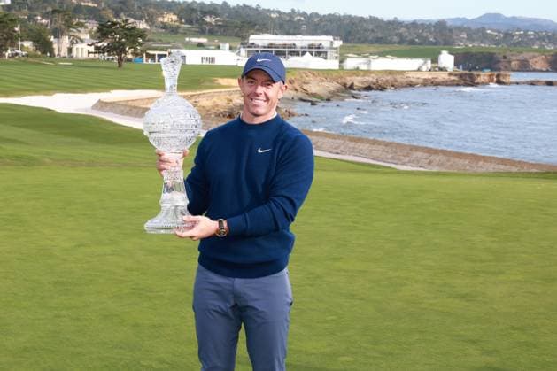 PEBBLE BEACH, CA - FEBRUARY 02: PGA, Golf Herren golfer Rory McIlroy poses with the trophy after winning the AT&T Pebble Beach Pro AM on February 2, 2025, at Pebble Beach Golf Links in Pebble Beach, California. (Photo by Brian Spurlock Icon Sportswire) GOLF: FEB 02 PGA AT&T Pebble Beach Pro-Am EDITORIAL USE ONLY Icon2502021