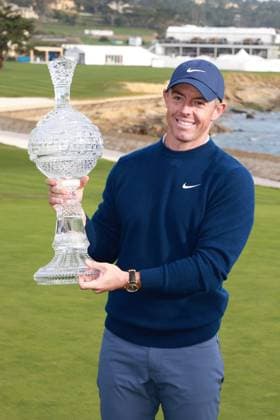 PEBBLE BEACH, CA - FEBRUARY 02: PGA, Golf Herren golfer Rory McIlroy poses with the trophy after winning the AT&T Pebble Beach Pro AM on February 2, 2025, at Pebble Beach Golf Links in Pebble Beach, California. (Photo by Brian Spurlock Icon Sportswire) GOLF: FEB 02 PGA AT&T Pebble Beach Pro-Am EDITORIAL USE ONLY Icon2502022