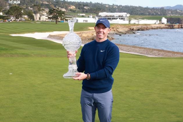 PEBBLE BEACH, CA - FEBRUARY 02: PGA, Golf Herren golfer Rory McIlroy poses with the trophy after winning the AT&T Pebble Beach Pro AM on February 2, 2025, at Pebble Beach Golf Links in Pebble Beach, California. (Photo by Brian Spurlock Icon Sportswire) GOLF: FEB 02 PGA AT&T Pebble Beach Pro-Am EDITORIAL USE ONLY Icon2502024