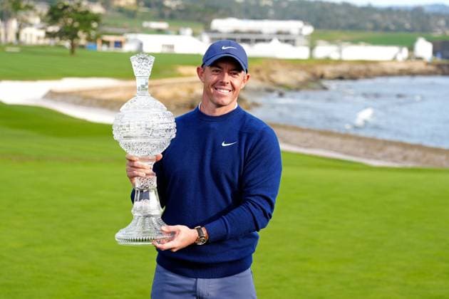 PEBBLE BEACH, CA - FEBRUARY 02: PGA, Golf Herren golfer Rory McIlroy poses with the the trophy after winning the AT&T Pebble Beach Pro AM on February 2, 2025, at Pebble Beach Golf Links in Pebble Beach, California. (Photo by Brian Spurlock Icon Sportswire) GOLF: FEB 02 PGA AT&T Pebble Beach Pro-Am EDITORIAL USE ONLY Icon2502026