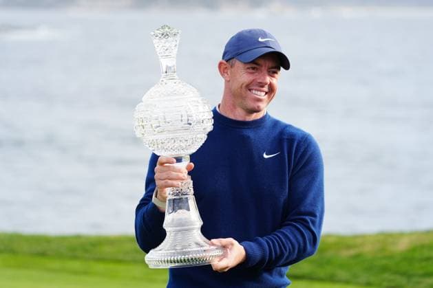 PEBBLE BEACH, CA - FEBRUARY 02: PGA, Golf Herren golfer Rory McIlroy poses with the trophy after winning the AT&T Pebble Beach Pro AM on February 2, 2025, at Pebble Beach Golf Links in Pebble Beach, California. (Photo by Brian Spurlock Icon Sportswire) GOLF: FEB 02 PGA AT&T Pebble Beach Pro-Am EDITORIAL USE ONLY Icon25020269