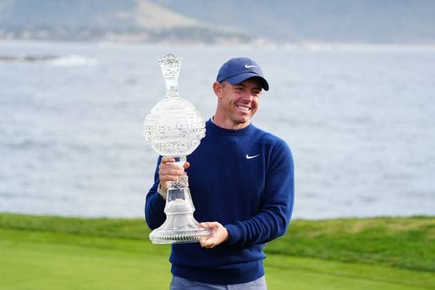 PEBBLE BEACH, CA - FEBRUARY 02: PGA, Golf Herren golfer Rory McIlroy poses with the trophy after winning the AT&T Pebble Beach Pro AM on February 2, 2025, at Pebble Beach Golf Links in Pebble Beach, California. (Photo by Brian Spurlock Icon Sportswire) GOLF: FEB 02 PGA AT&T Pebble Beach Pro-Am EDITORIAL USE ONLY Icon25020271