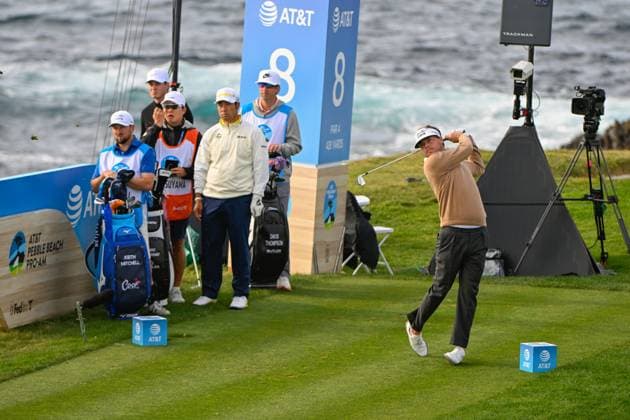 PEBBLE BEACH, CA - FEBRUARY 02: Keith Mitchell (USA) watches his tee shot on 8 during the final round of the AT&T Pebble Beach Pro-Am at Pebble Beach Golf Links on February 2, 2025, in Pebble Beach, California. (Photo by Ken Murray Icon Sportswire) GOLF: FEB 02 PGA, Golf Herren AT&T Pebble Beach Pro-Am EDITORIAL USE ONLY Icon250202015
