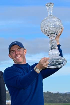 PEBBLE BEACH, CA - FEBRUARY 02: Rory McIlroy (NIR) hoists the trophy for winning the AT&T Pebble Beach Pro-Am at Pebble Beach Golf Links on February 2, 2025, in Pebble Beach, California. (Photo by Ken Murray Icon Sportswire) GOLF: FEB 02 PGA, Golf Herren AT&T Pebble Beach Pro-Am EDITORIAL USE ONLY Icon250202037
