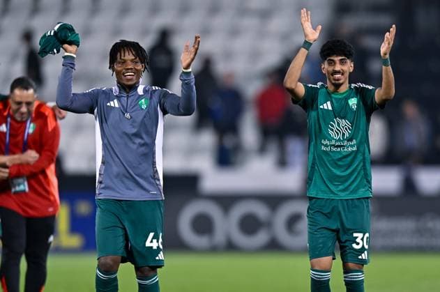 AFC CHAMPIONS LEAGUE ELITE, AL SADD SC (QTR) v AL AHLI SAUDI FC (KSA) Rayan Hamed and Ziyad Al Johani of Al Ahli SFC celebrate at the end of the AFC Champions League elite west football match between Qatar s Al Sadd SC and Saudi Arabia s Al Ahli SFC at Jassim Bin Hamad Stadium in Doha, Qatar, on February 03, 2024. Copyright: xNAUSHADx
