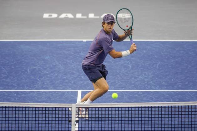 FRISCO, TX - FEBRUARY 03: Brandon Holt (USA) hits a volley during the first round of the Dallas Open on February 3, 2025, at Ford Center at The Star in Frisco, TX. (Photo by George Walker Icon Sportswire) TENNIS: FEB 03 Dallas Open EDITORIAL USE ONLY Icon250203003