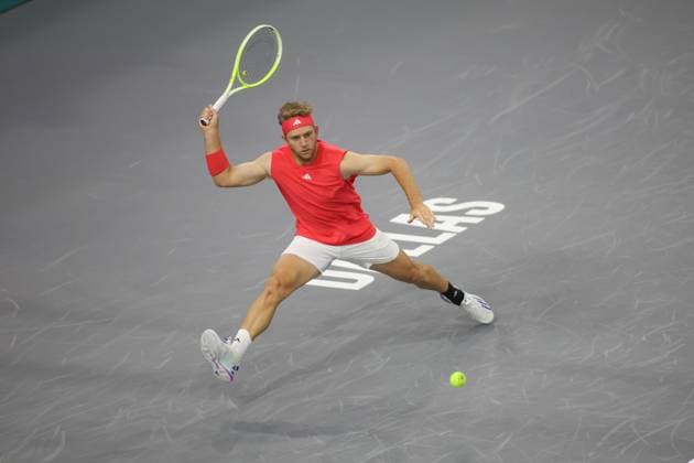 FRISCO, TX - FEBRUARY 03: Alejandro Davidovich Fokina (ESP) hits a forehand during the first round of the Dallas Open on February 3, 2025, at Ford Center at The Star in Frisco, TX. (Photo by George Walker Icon Sportswire) TENNIS: FEB 03 Dallas Open EDITORIAL USE ONLY Icon250203008