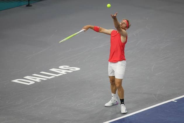 FRISCO, TX - FEBRUARY 03: Alejandro Davidovich Fokina (ESP) serves during the first round of the Dallas Open on February 3, 2025, at Ford Center at The Star in Frisco, TX. (Photo by George Walker Icon Sportswire) TENNIS: FEB 03 Dallas Open EDITORIAL USE ONLY Icon250203009