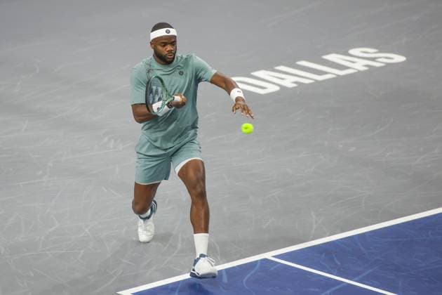 FRISCO, TX - FEBRUARY 03: Frances Tiafoe (USA) hits a forehand during the first round of the Dallas Open on February 3, 2025, at Ford Center at The Star in Frisco, TX. (Photo by George Walker Icon Sportswire) TENNIS: FEB 03 Dallas Open EDITORIAL USE ONLY Icon250203064
