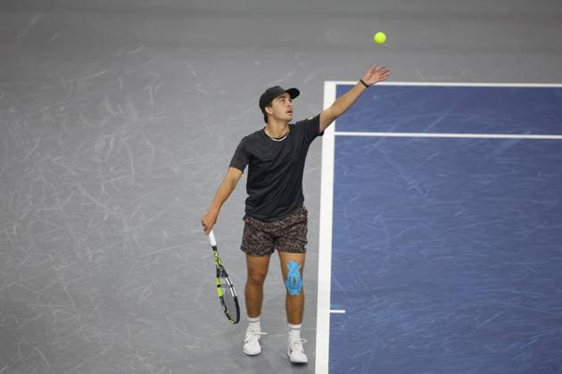 FRISCO, TX - FEBRUARY 03: Trevor Svajda (USA) serves during the first round of the Dallas Open on February 3, 2025, at Ford Center at The Star in Frisco, TX. (Photo by George Walker Icon Sportswire) TENNIS: FEB 03 Dallas Open EDITORIAL USE ONLY Icon250203089