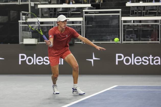 FRISCO, TX - FEBRUARY 03: Ethan Quinn (USA) hits a forehand during the first round of the Dallas Open on February 3, 2025, at Ford Center at The Star in Frisco, TX. (Photo by George Walker Icon Sportswire) TENNIS: FEB 03 Dallas Open EDITORIAL USE ONLY Icon250203091