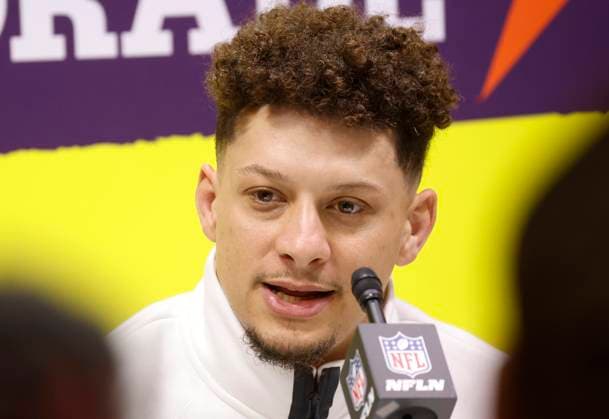 Kansas City Chiefs quarterback Patrick Mahomes speaks to the media at the Super Bowl Opening Night event at Caesars Superdome in New Orleans, Louisiana on Monday, February 3, 2025. Super Bowl LIX between the Kansas City Chiefs and the Philadelphia Eagles will be played on February 9, 2025, at the Caesars Superdome.  SBP20250203144 JOHNxANGELILLO
