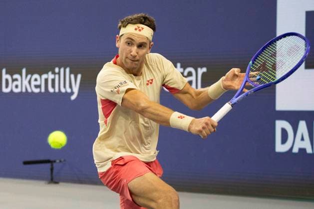 February 4, 2025, Frisco, Texas, USA: CASPER RUUD (NOR) returns with a backhand in a singles match against JAMES DUCKWORTH (AUS) during day four of the 2025 Dallas Open at the Star in Frisco, TX. CASPER RUUD (NOR) defeated JAMES DUCKWORTH (AUS), 7:5, 4:6, 6:2. Frisco USA - ZUMAh193 20250204_zsp_h193_035 Copyright: xDanielxMcGregor-Huyerx
