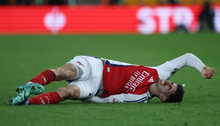 Wolverhampton Wanderers FC v Arsenal FC - Premier League Kai Havertz of Arsenal on the ground after winning the Premier League match between Wolverhampton Wanderers FC and Arsenal FC at Molineux on January 25, 2025 in Wolverhampton, England. Wolverhampton Molineux England United Kingdom Copyright: xNealxSimpson Sportsphoto APLx 14057812