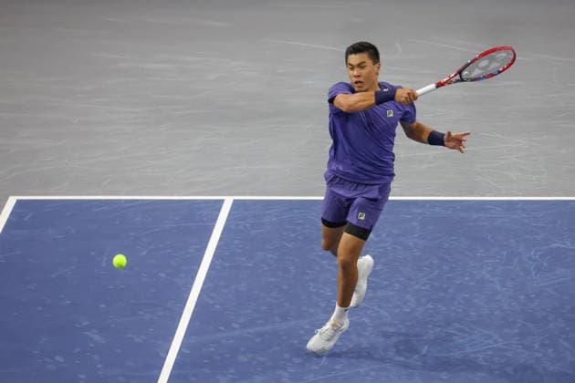 FRISCO, TX - FEBRUARY 05: Brandon Nakashima (USA) hits a forehand during the first round of the Dallas Open on February 5, 2025, at Ford Center at The Star in Frisco, TX. (Photo by George Walker Icon Sportswire) TENNIS: FEB 05 Dallas Open EDITORIAL USE ONLY Icon25020508