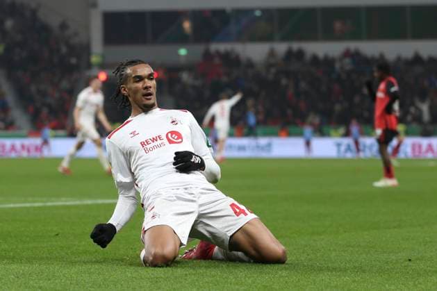 Sport Bilder des Tages Damion Downs (1. FC Koeln) Torjubel, jubelt nach seinem Treffer zum 0:1 waehrend des Spiels des DFB-Pokals zwischen Bayer 04 Leverkusen und 1. FC Köln, in der BayArena am 05. February 2025 in Leverkusen, Deutschland. (Foto von Oliver Kaelke DeFodi Images) +++ Damion Downs (1. FC Koeln) celebrates after scoring his team s first goal during the DFB-Pokal match between Bayer 04 Leverkusen and 1. FC Köln at BayArena on February 5, 2025 in Leverkusen, Germany. (Photo by Oliver Kaelke DeFodi Images) DFL regulations prohibit any use of photographs as image sequences and or quasi-video. (Photo by Oliver Kaelke DeFodi Images) Defodi-678_2025_02_05_LEVKOE_1154
