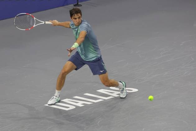 FRISCO, TX - FEBRUARY 05: Alexander Shevchenko (KAZ) hits a forehand during the first round of the Dallas Open on February 5, 2025, at Ford Center at The Star in Frisco, TX. (Photo by George Walker Icon Sportswire) TENNIS: FEB 05 Dallas Open EDITORIAL USE ONLY Icon25020577