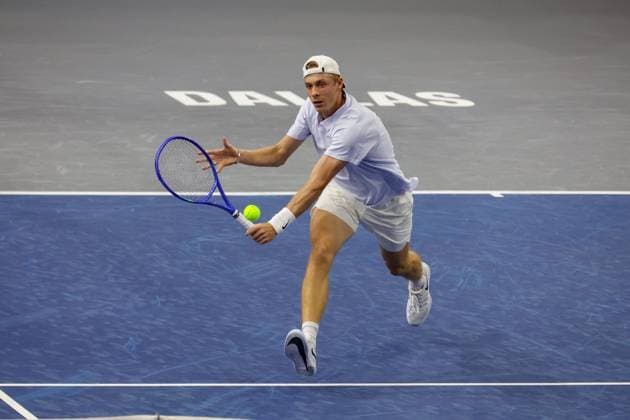 FRISCO, TX - FEBRUARY 05: Denis Shapovalov (CAN) hits a backhand during the first round of the Dallas Open on February 5, 2025, at Ford Center at The Star in Frisco, TX. (Photo by George Walker Icon Sportswire) TENNIS: FEB 05 Dallas Open EDITORIAL USE ONLY Icon250205106