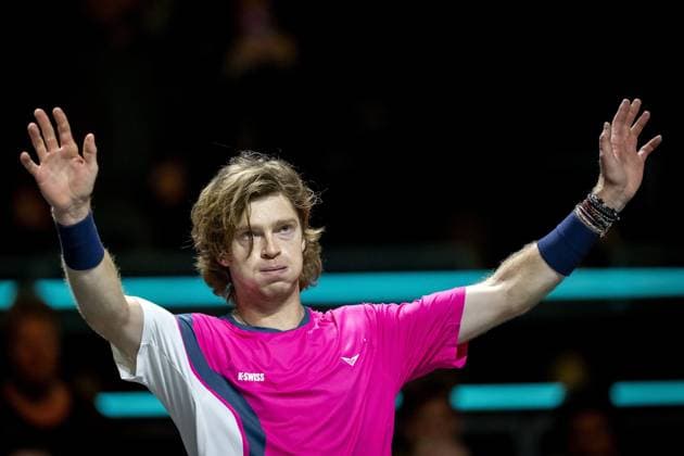 ROTTERDAM - Andrey Rublev (RUS) after his won match against Fabian Marozsan (HUN) on the fourth day of the ABN AMRO Open tennis tournament in Ahoy. ANP SANDER KING ABN AMRO Open - Day Four 2025 xVIxANPxSportx xxANPxIVx 519262317 originalFilename: 519262317.jpg