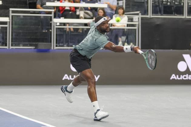FRISCO, TX - FEBRUARY 06: Frances Tiafoe (USA) hits a backhand during the second round of the Dallas Open on February 2, 2025, at Ford Center at The Star in Frisco, TX. (Photo by George Walker Icon Sportswire) TENNIS: FEB 06 Dallas Open EDITORIAL USE ONLY Icon250206008