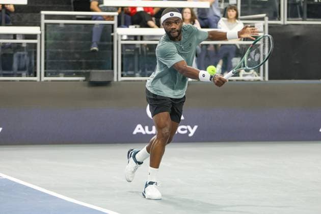 FRISCO, TX - FEBRUARY 06: Frances Tiafoe (USA) hits a backhand during the second round of the Dallas Open on February 2, 2025, at Ford Center at The Star in Frisco, TX. (Photo by George Walker Icon Sportswire) TENNIS: FEB 06 Dallas Open EDITORIAL USE ONLY Icon250206013