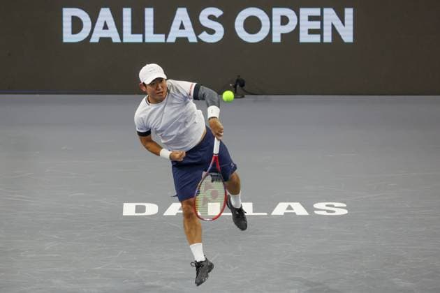 FRISCO, TX - FEBRUARY 06: Yoshihito Nishioka (JPN) serves during the second round of the Dallas Open on February 2, 2025, at Ford Center at The Star in Frisco, TX. (Photo by George Walker Icon Sportswire) TENNIS: FEB 06 Dallas Open EDITORIAL USE ONLY Icon250206017