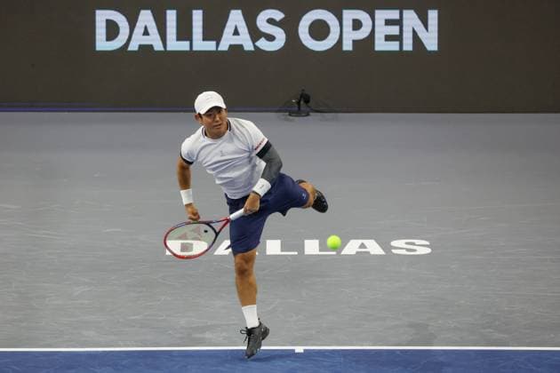 FRISCO, TX - FEBRUARY 06: Yoshihito Nishioka (JPN) serves during the second round of the Dallas Open on February 2, 2025, at Ford Center at The Star in Frisco, TX. (Photo by George Walker Icon Sportswire) TENNIS: FEB 06 Dallas Open EDITORIAL USE ONLY Icon250206018