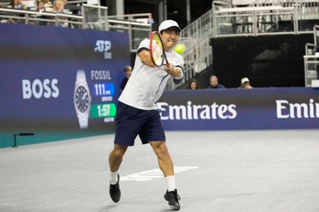 February 6, 2025, Frisco, Texas, USA: YOSHIHITO NISHIOKA (JAP) uses a forehand in a singles match against FRANCIS TIAFOE (USA) during day six of the 2025 Dallas Open at the Star in Frisco, TX. YOSHIHITO NISHIOKA (JPN) defeated FRANCIS TIAFOE (USA), 3:6, 6:4, 6:4. Frisco USA - ZUMAh193 20250206_zsp_h193_007 Copyright: xDanielxMcGregor-Huyerx