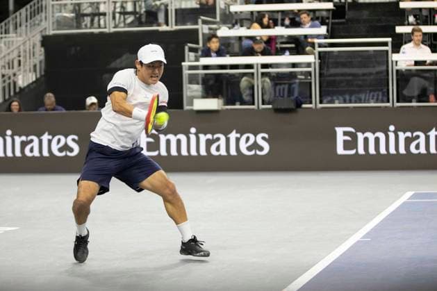 February 6, 2025, Frisco, Texas, USA: YOSHIHITO NISHIOKA (JAP) uses a forehand in a singles match against FRANCIS TIAFOE (USA) during day six of the 2025 Dallas Open at the Star in Frisco, TX. YOSHIHITO NISHIOKA (JPN) defeated FRANCIS TIAFOE (USA), 3:6, 6:4, 6:4. Frisco USA - ZUMAh193 20250206_zsp_h193_014 Copyright: xDanielxMcGregor-Huyerx