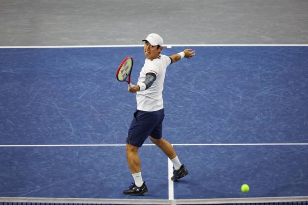 FRISCO, TX - FEBRUARY 06: Yoshihito Nishioka (JPN) hits a backhand during the second round of the Dallas Open on February 2, 2025, at Ford Center at The Star in Frisco, TX. (Photo by George Walker Icon Sportswire) TENNIS: FEB 06 Dallas Open EDITORIAL USE ONLY Icon250206026