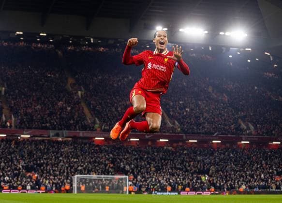 Sport Themen der Woche KW06 Football - Football League Cup - Semi-Final 2nd Leg - Liverpool FC v Tottenham Hotspur FC LIVERPOOL, ENGLAND - Thursday, February 6, 2025: Liverpool s captain Virgil van Dijk celebrates after scoring the fourth goal during the Football League Cup Semi-Final 2nd Leg match between Liverpool FC and Tottenham Hotspur FC at Anfield. (Photo by David Rawcliffe Propaganda) LONDON Emirates Stadium GREATER LONDON ENGLAND  Copyright: xDavidxRawcliffex P2025-02-06-Liverpool_Tottenham-71
